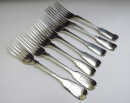 Seven silver forks, various makers and dates, 324g