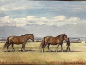 STEPHEN WALKER (1900-2004): Farmer leading horses across field, oil on board, 31cm x 46cm