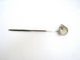 A Georgian silver punch/toddy ladle set with George III coin, monogram to side dents present, 36cm