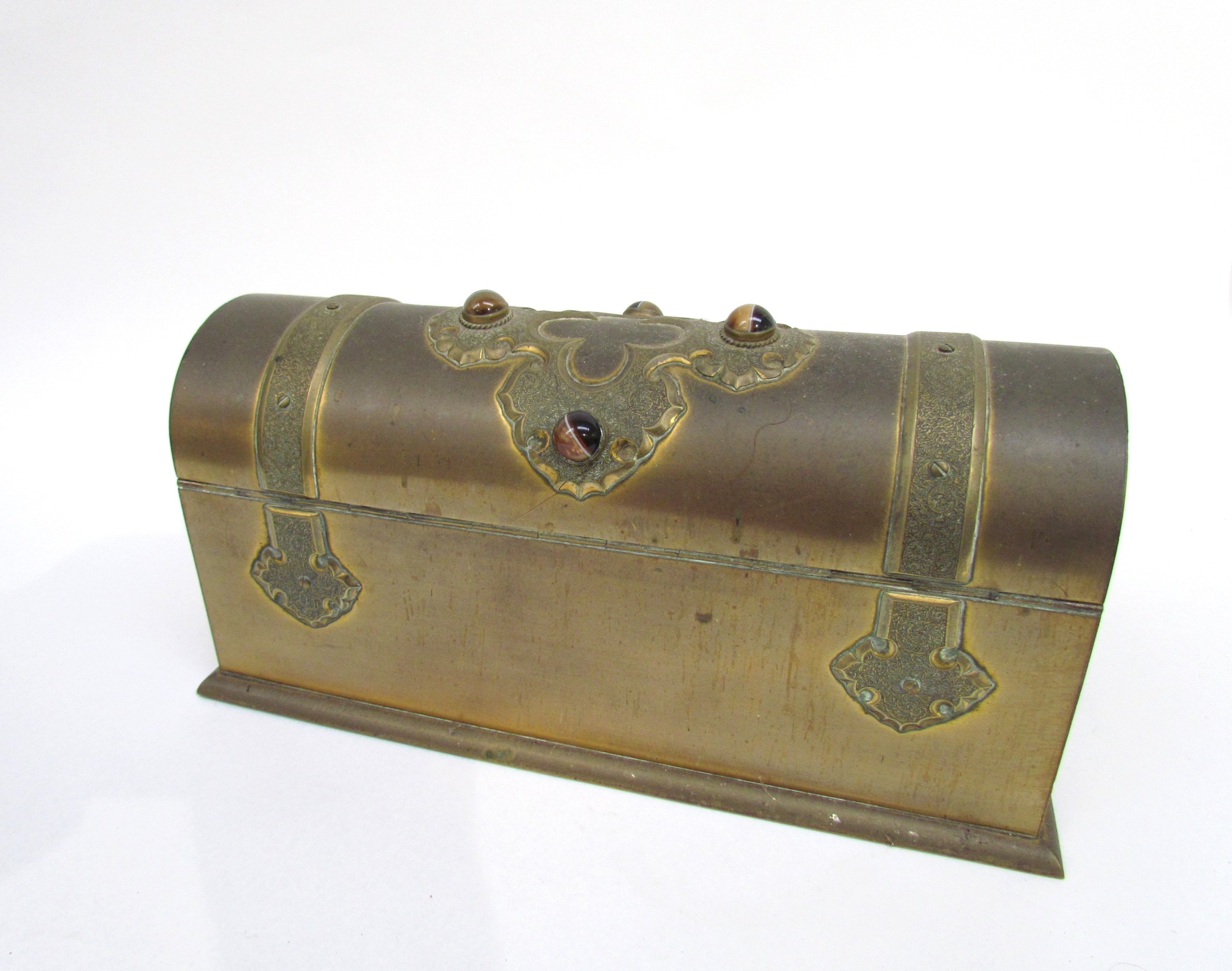 A Victorian brass writing box set with tiger's eye cabochons, some restoration needed, 13.5cm x 30cm - Image 9 of 11