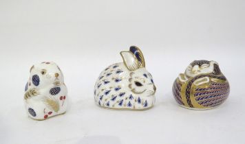 Three Royal Crown Derby paperweights, rabbit, field mouse and dormouse (3)