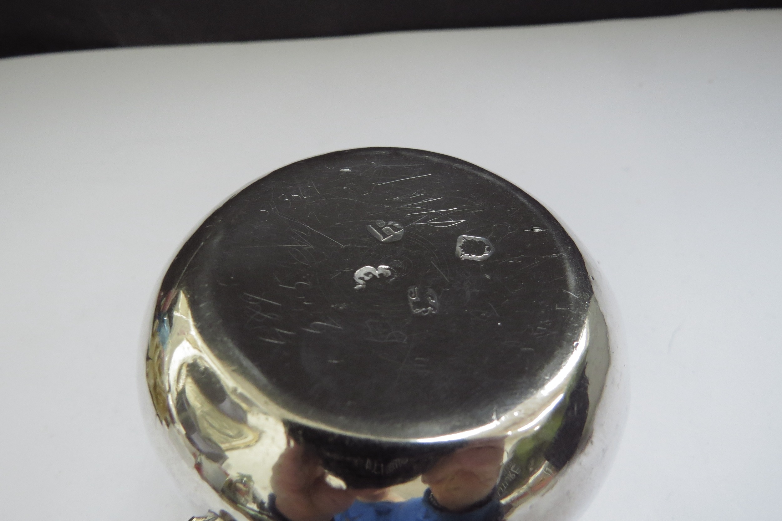 A George II silver brandy warmer of squat form, turned wooden handle, engraved with a crest for - Image 4 of 4