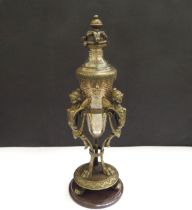 A cone shaped etched glass perfume bottle in an ormolu support decorated with female caryatids, 23cm