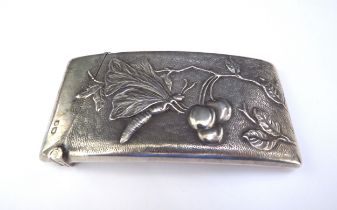 A silver card case of ergonomic form with repousse butterfly and cherries on a branch, Chester 1906,