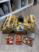 A counter-lever box containing lures, weights, hooks, lines including Bruce & Walker, Spey etc