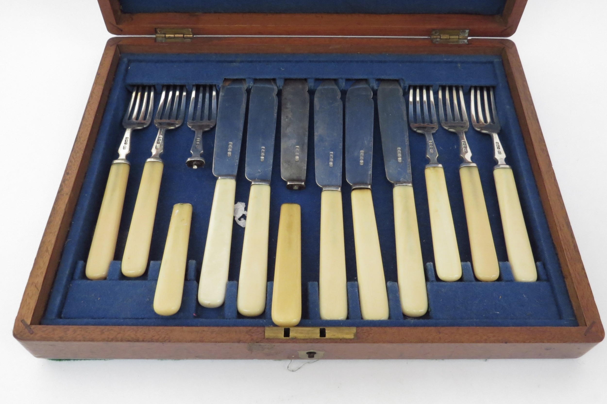 A mahogany cased set of six ivorine handled silver bladed fish knives and forks, two handles - Image 2 of 6