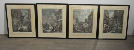 A set of four hand tinted engravings, William Hogarth (1697-1764) 'Morning', 'Noon', 'Evening'