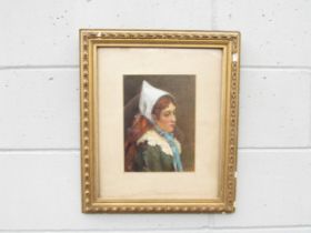 A gilt framed and glazed watercolour titled 'Our Quaint Little Maid'. Indistinctly signed bottom