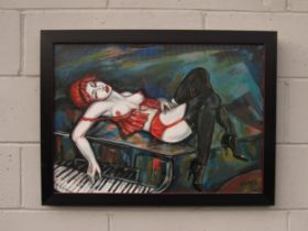 NATALIA ANTADZE (Georgian b.1976) A framed and glazed acrylic on canvas. Burlesque nude female on