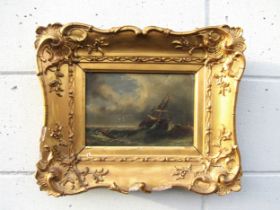 RALPH REUBEN STUBBS (c1820-1880) An ornate gilt framed oil on a book cover, ship crashing against