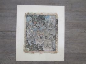 MADE SANGGRA (Indonesia b.1926) An oil on canvas, stuck to card, traditional Bali figures in