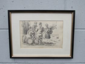 GEORGE SHEPHEARD (1770-1842) A framed and glazed pencil drawing, Fishing folk at Folkestone Harbour.