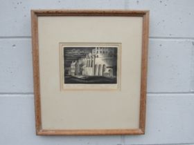 MARGARET BRYAN (1903-1988) A framed and glazed woodcut engraving, 'Buildings and Waste land'. Pencil