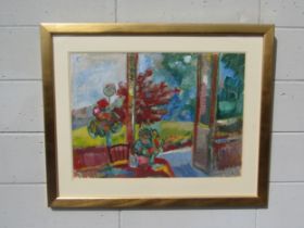 ARTHUR GOODWIN (1922-1998) A large framed and glazed acrylic on paper, veranda scene with table