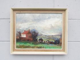 GEOFFREY CHATTEN (b.1938) A framed oil on board, 'Broads marsh landscape with house'. Unsigned.