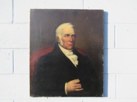 A circa mid 19th Century unframed oil on canvas portrait of a gentleman. Later cut and stuck to a