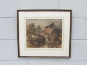 JAMES BAKER PYNE (1800-1870) A framed and glazed watercolour, dwelling beside rocky hillside stream.