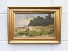 ERNEST W. APPLEBY (1862-1909) A gilt framed oil on card, fisherman at rest on the shore. Signed