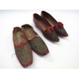 A pair of early 20th Century red felt slippers, Eastern turned-up toe with gilt wirework detail,