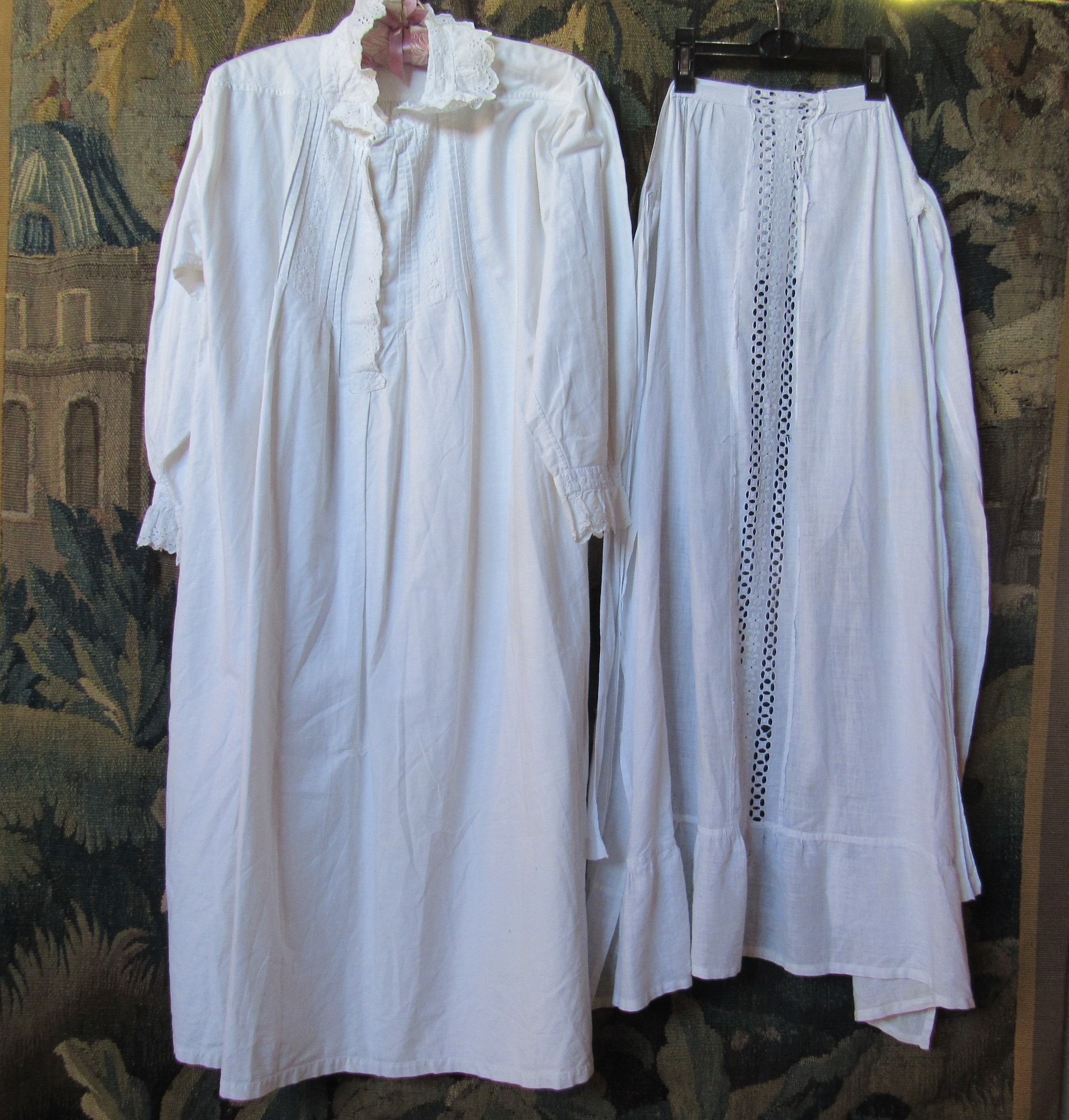 A Victorian white cotton nightdress and apron