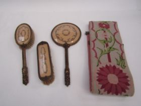 A tapestry bell pull and two bedroom toiletry dressing table brushes and mirror with tapestry