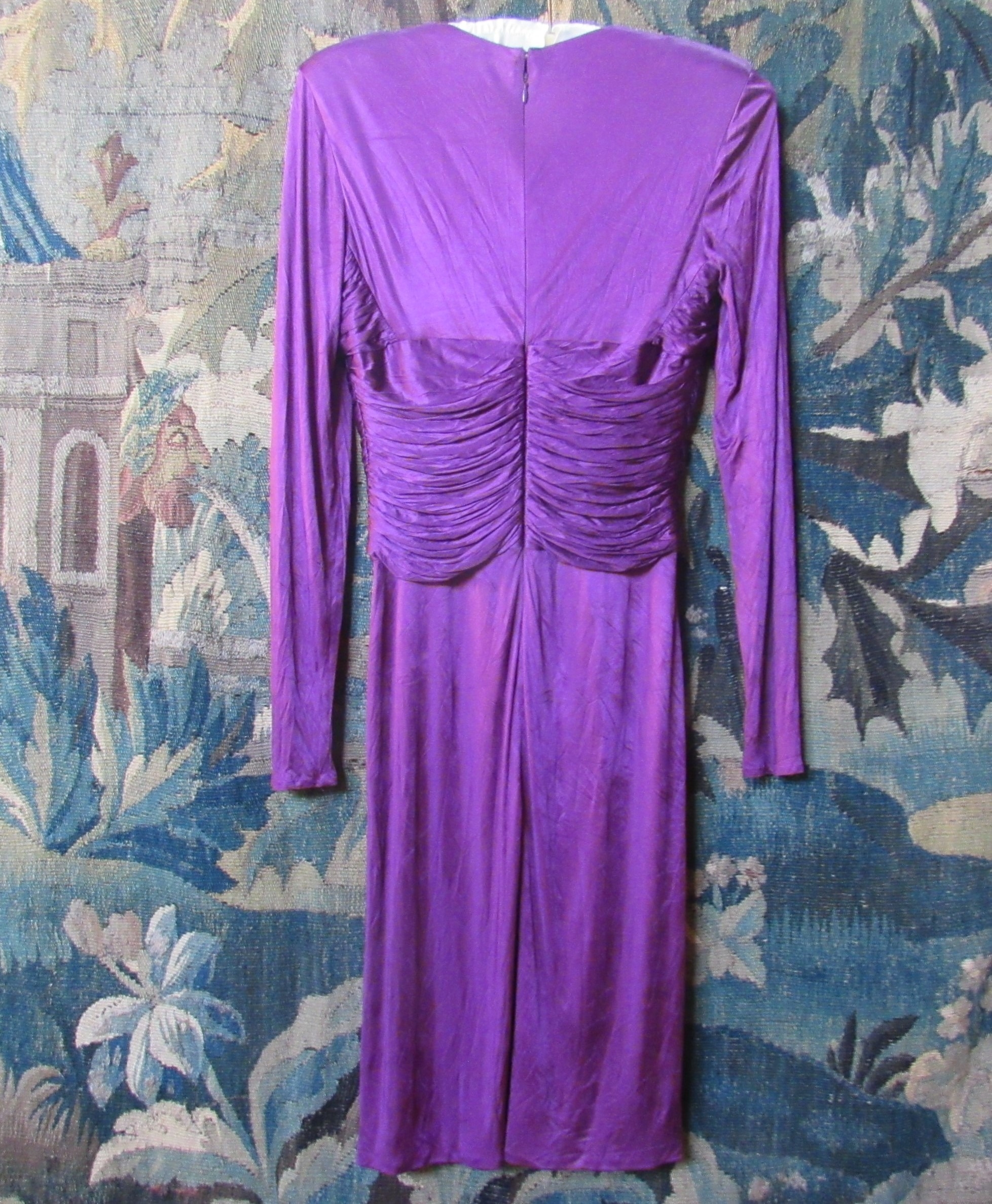 VERSACE: A purple viscose and rayon long sleeve dress with a heavily ruched bodice and deep "V" - Image 2 of 5