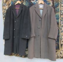 Two gents wool overcoats, mid grey and charcoal herringbone both single breasted