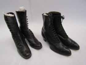 Two pairs of Victorian black leather ankle boots comprising lace-ups with stacked heel and button