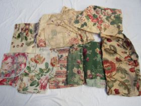 Ten pieces approx of1920's to 1940's floral cotton, linen and chintz, all large scale