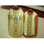 Two ecclesiastical silk tabards both embroidered, one with goldwork embroidery to back and front and