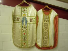 Two ecclesiastical silk tabards both embroidered, one with goldwork embroidery to back and front and