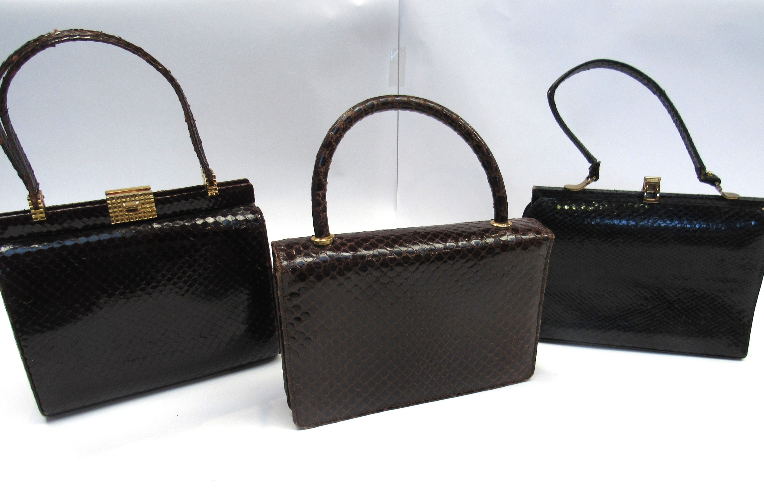 Three mid 20th Century snakeskin handbags, two brown, one black and a small quantity of ladies - Image 3 of 3