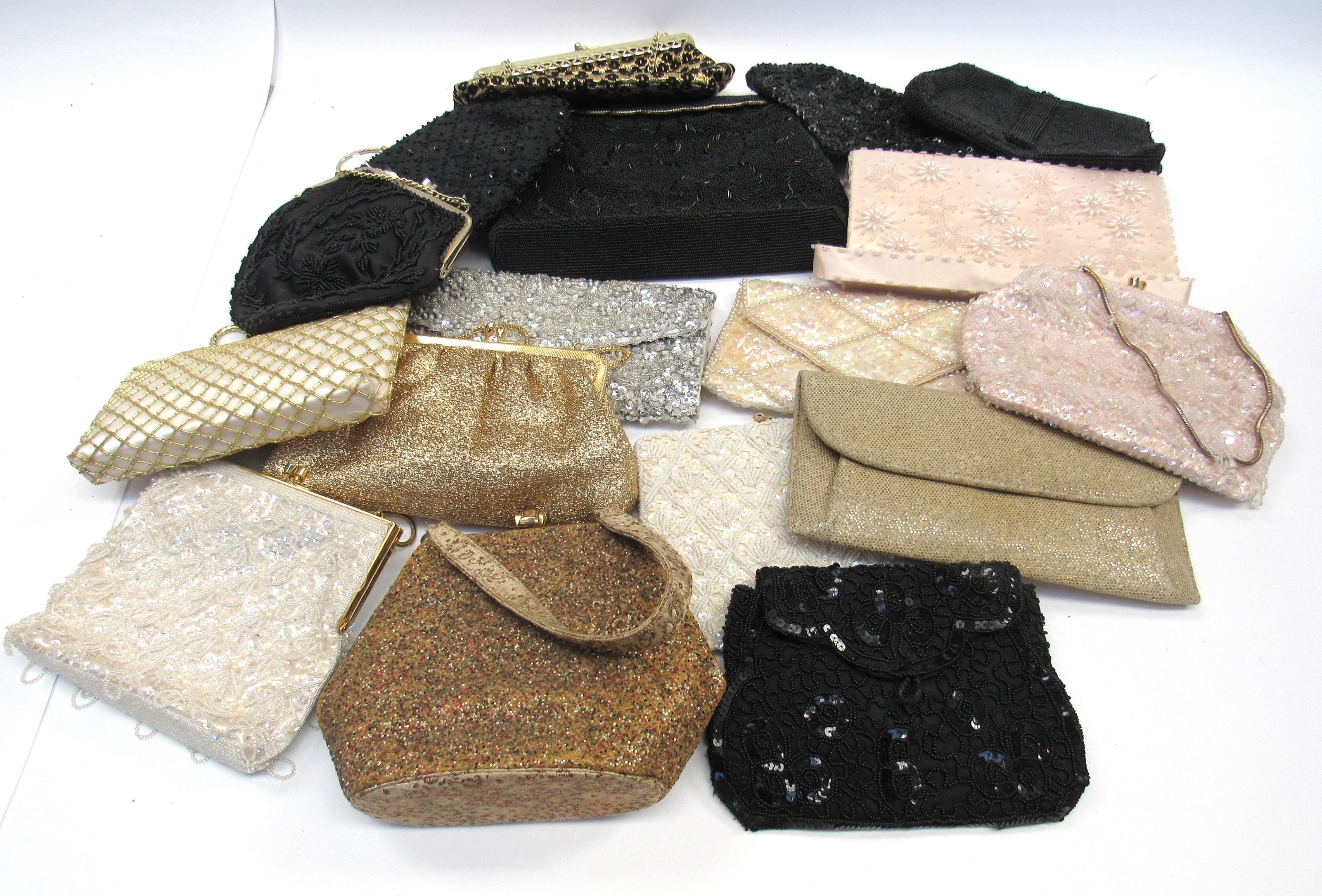 A box containing mainly 1960's evening bags, beaded, lame, and sequinned