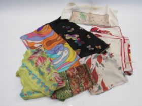 A box containing silk scarves to include Christian Dior, 1960's Pucci style, 1940's poodle print,