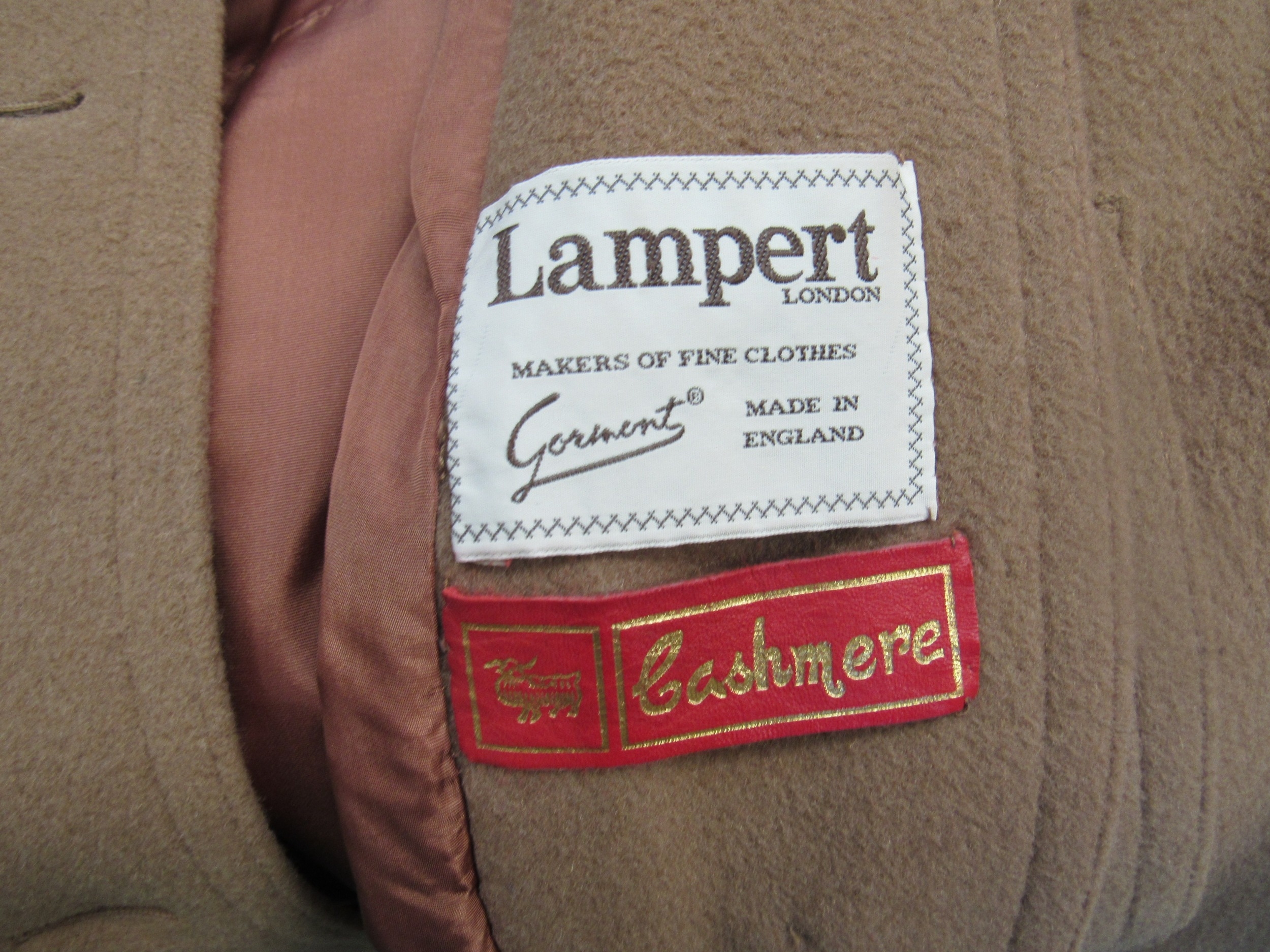 An early 1970's Lampert London cashmere camel single breasted coat, together with a gold coloured - Image 2 of 2