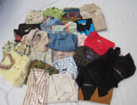 A box containing a good quantity of mid 20th Century gents shirts, some Hawaiian and labels to