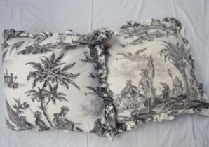 Early 20th Century black and white French toile de Jouy fabric made into a bedspread which is double