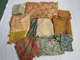 Silk damasks, brocades silk moirés, a crewel embroidered panel comprising ten pieces including a