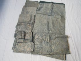 MARIANO FORTUNY: Eight pieces of blue and silver fine cotton fabric and, urn design