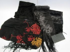 Four various black scarves/shawls and a black beaded evening purse