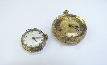 A 9ct gold watch face, 7.9g total and a gold pocket watch with engraved decoration, stamped 18k,