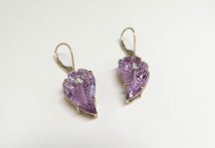 A pair of flame cut Zambian amethyst and diamond earrings, stamped 9k, with certificate