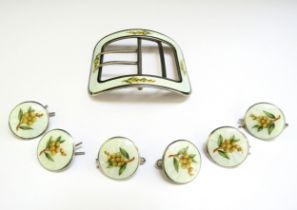 A silver Deakin and Francis guilloche enamel buckle and six matching dress buttons with olive branch