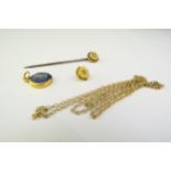 A 9ct gold chain, 50cm long, 2g, Wedgwood style pendant stamped 9ct, a diamond set stick pin and a