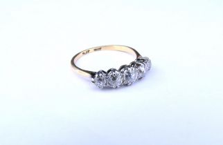 A five stone diamond ring, 1ct total approx, stamped 18ct/plat. Size L/M, 2.1g