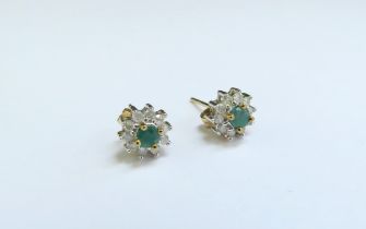 A pair of emerald and diamond cluster earrings, 1.5g