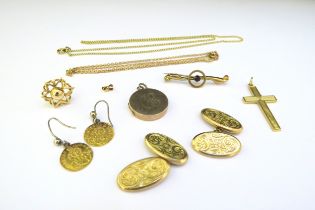 Gold items including, single earring, cufflinks, cross pendant, 20.9g total