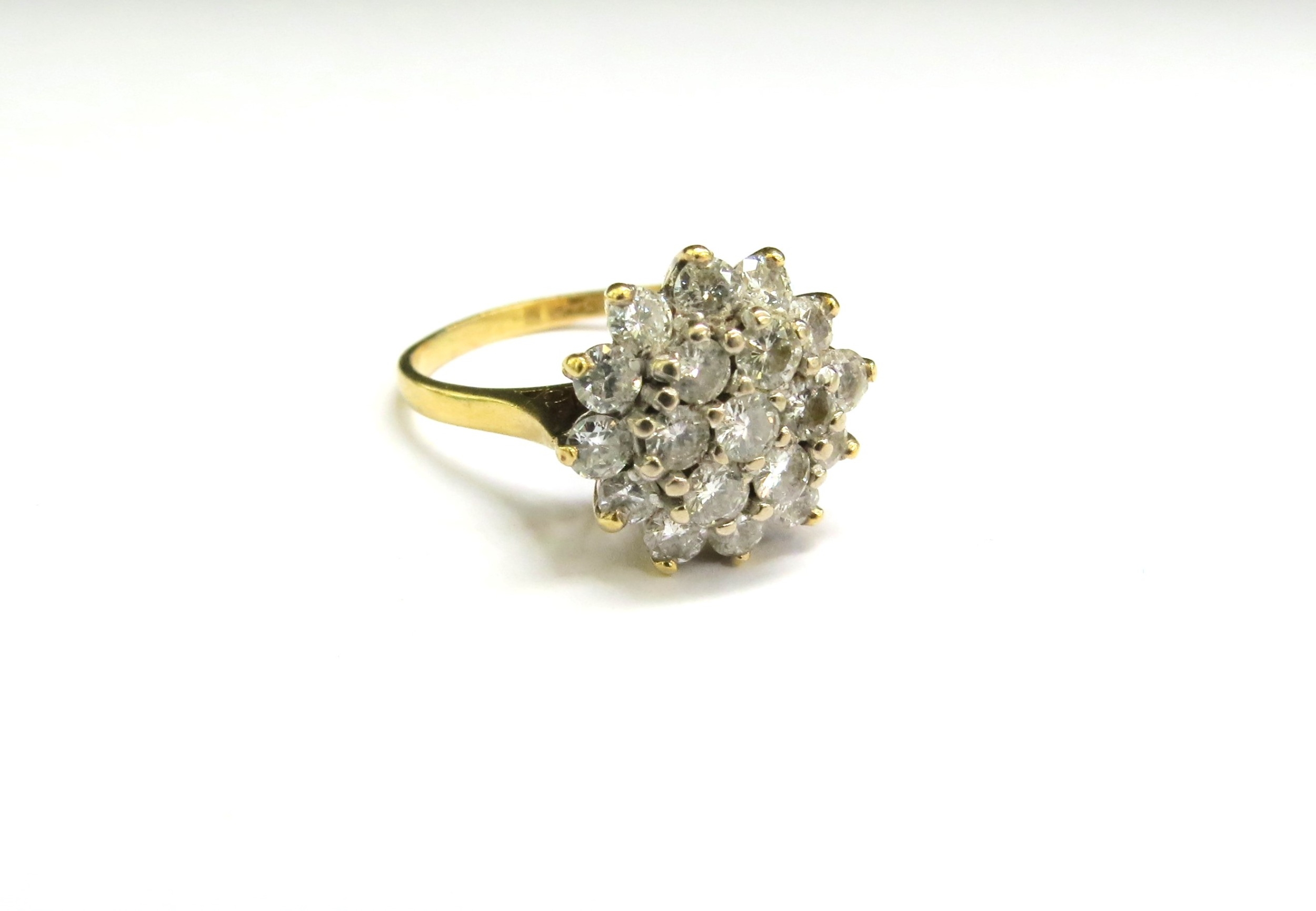 A gold diamond cluster ring, stamped 18ct. Size Q, 5.4g - Image 2 of 3
