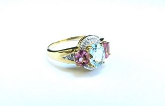 A 9ct gold multistone and diamond ring. Size O, 3.8g