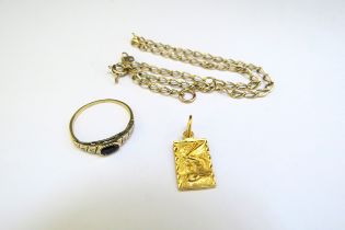 A 916 gold pendant, 1.2g, 9ct gold broken chain 3g and an 18ct gold ring, worn, 1.5g (3)